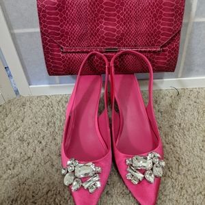 Mango Clutch + NA-KD Light Embellished Kitten Heel Pumps + Lace Gloves